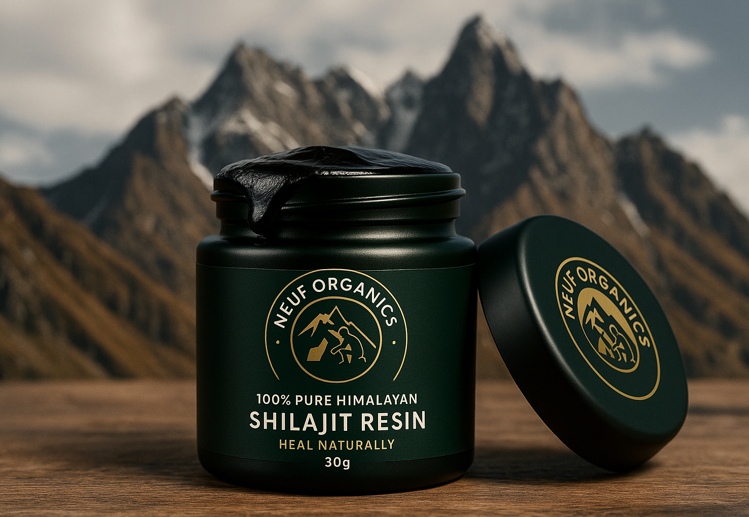 Shilajit Resin in Neuf Organics Jar with mountain background